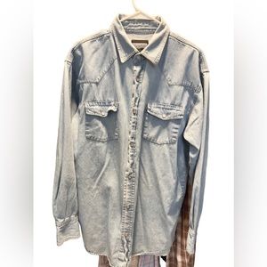 SANDY River , denim long sleeve shirt , pearl snaps , size LT . 23-23-32